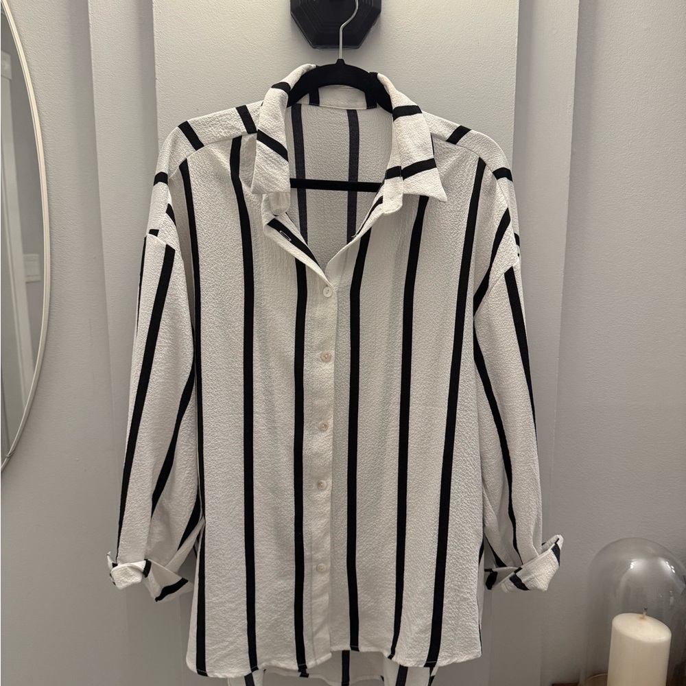 Oversized black and white striped button up